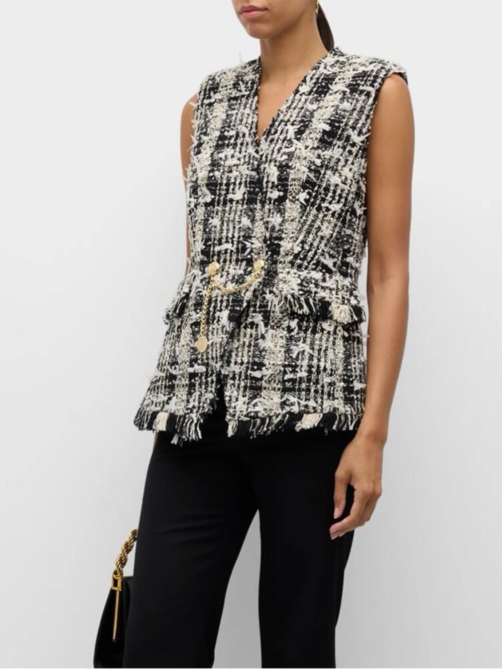 Kobi Halperin Danni Chain-Embellished Frayed Tweed Vest